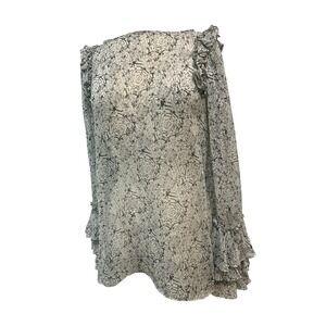 Thomas Wylde Los Angles Silk Top Gray Ivory Print Bateau Neck Ruffle Sleeve SZ S